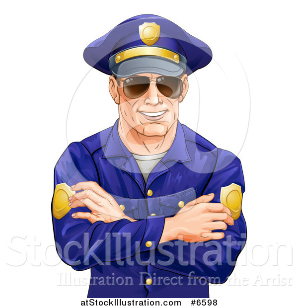 Vector Illustration of a Happy Caucasian Male Police Officer with Folded Arms, Wearing Sunglasses and Smiling