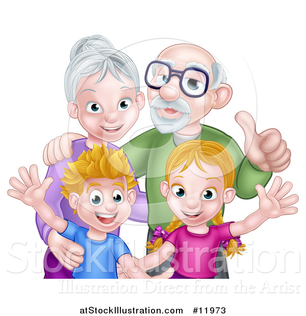Vector Illustration of a Happy Caucasian Senior Man and Woman with Their Grandchildren