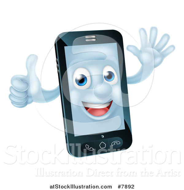 Vector Illustration of a Happy Cell Phone Character Waving and Giving a Thumb up