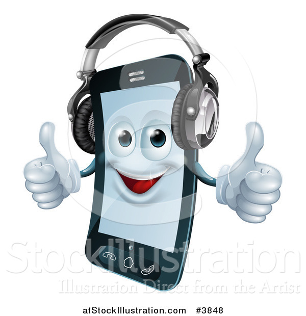 Vector Illustration of a Happy Cell Phone Mascot Wearing Headphones and Holding Two Thumbs up