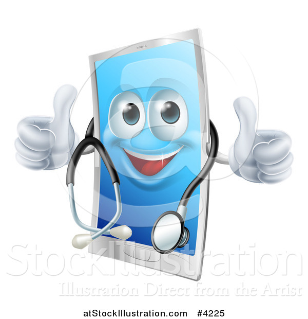 Vector Illustration of a Happy Cell Phone Wearing a Stethoscope and Holding Two Thumbs up