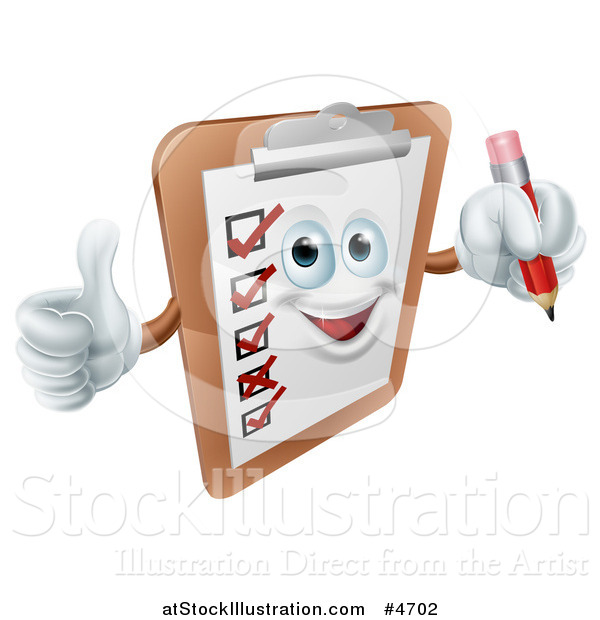 Vector Illustration of a Happy Checklist Clipboard Mascot Holding a Thumb up and a Pencil