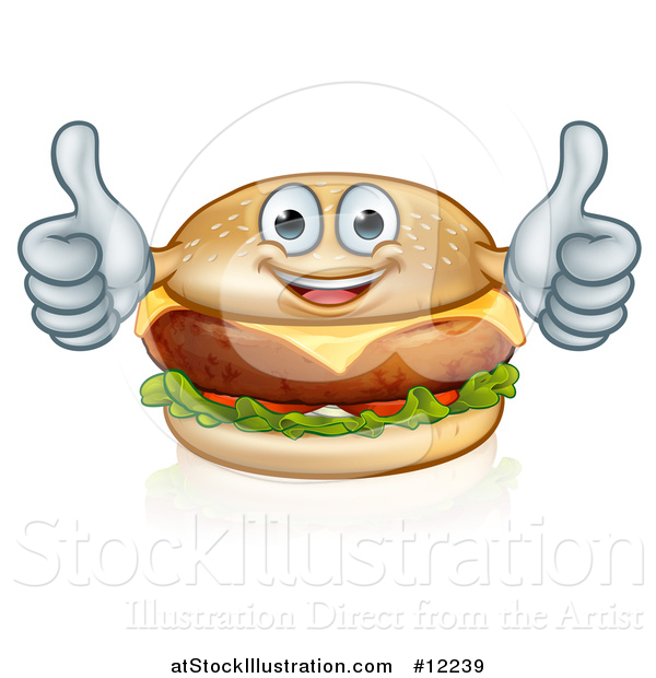 Vector Illustration of a Happy Cheese Burger Mascot Holding Two Thumbs up