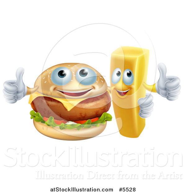 Vector Illustration of a Happy Cheeseburger and French Fry Holding Thumbs up