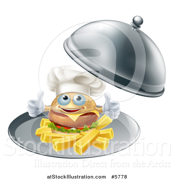 Vector Illustration of a Happy Cheeseburger Chef Holding Two Thumbs up on French Fries in a Platter