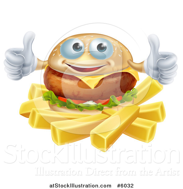 Vector Illustration of a Happy Cheeseburger Holding Two Thumbs up over French Fries