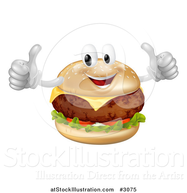 Vector Illustration of a Happy Cheeseburger Mascot Holding Two Thumbs up