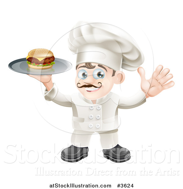 Vector Illustration of a Happy Chef Holding up a Cheeseburger on a Platter