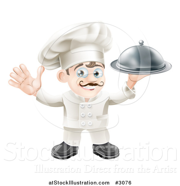 Vector Illustration of a Happy Chef Waving and Holding up a Platter