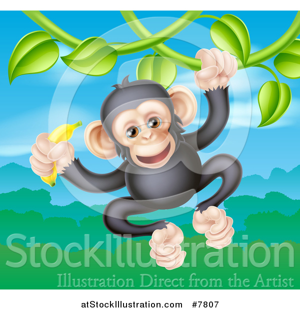 Vector Illustration of a Happy Chimpanzee Monkey Holding a Banana and Swinging from a Jungle Vine over a Valley