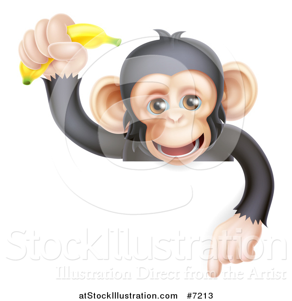 Vector Illustration of a Happy Chimpanzee Monkey Holding up a Banana and Pointing down over a Sign