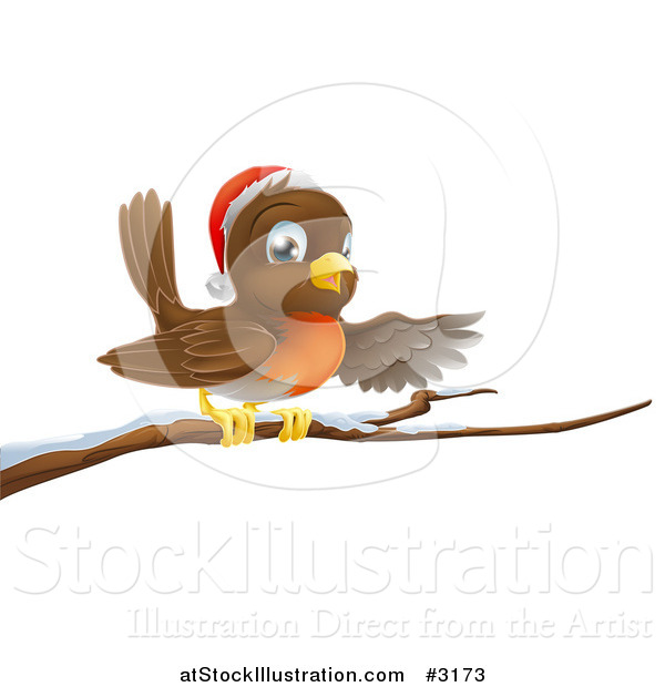 Vector Illustration of a Happy Christmas Robin Wearing a Santa Hat and Perched on a Snowy Branch