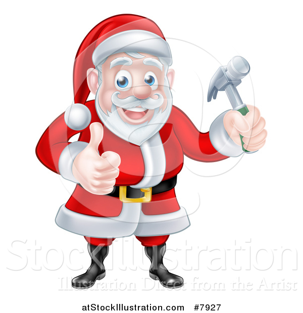 Vector Illustration of a Happy Christmas Santa Claus Carpenter Holding a Hammer and Giving a Thumb up