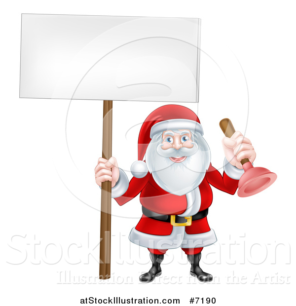 Vector Illustration of a Happy Christmas Santa Claus Plumber Holding a Plunger and Blank Sign 2