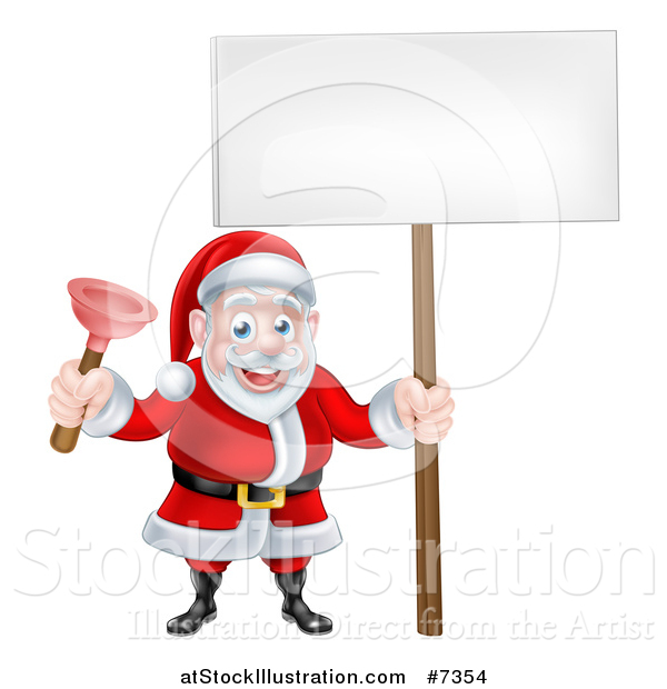 Vector Illustration of a Happy Christmas Santa Claus Plumber Holding a Plunger and Blank Sign 3