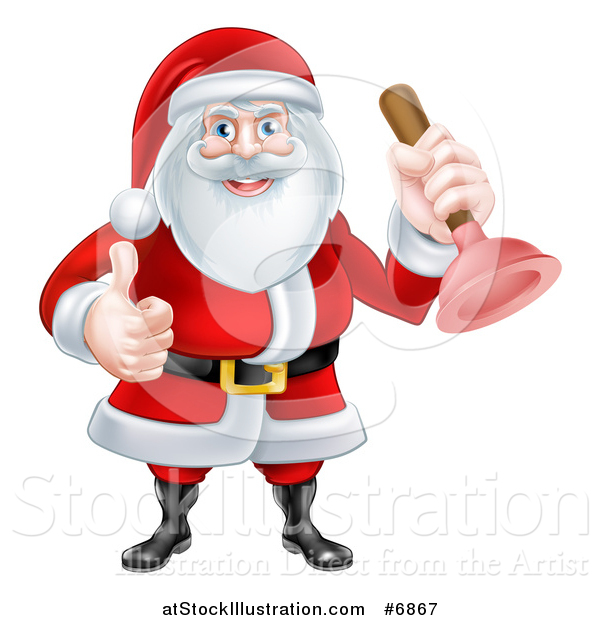 Vector Illustration of a Happy Christmas Santa Claus Plumber Holding a Plunger and Giving a Thumb up