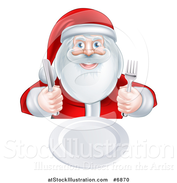Vector Illustration of a Happy Christmas Santa Claus Sitting with a Clean Plate and Holding Silverware
