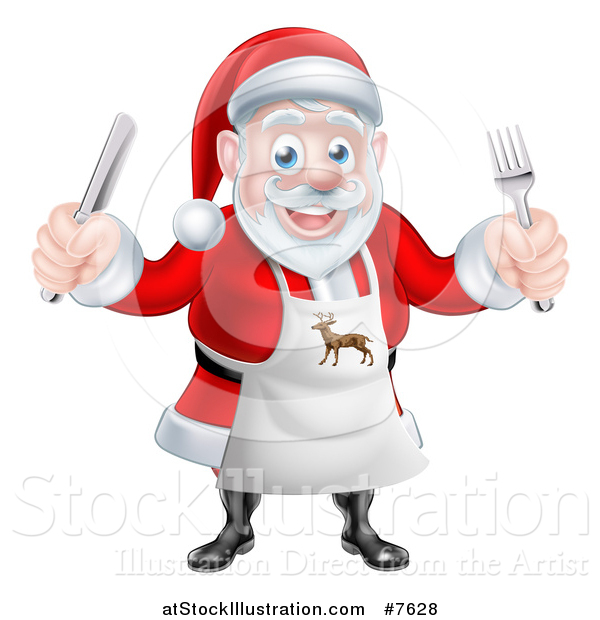 Vector Illustration of a Happy Christmas Santa Claus Wearing an Apron and Holding Silverware 2