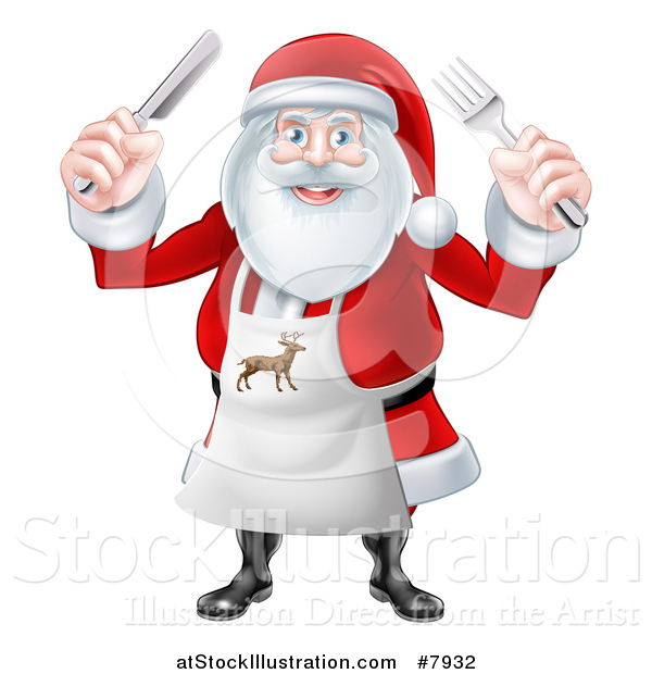 Vector Illustration of a Happy Christmas Santa Claus Wearing an Apron and Holding Silverware
