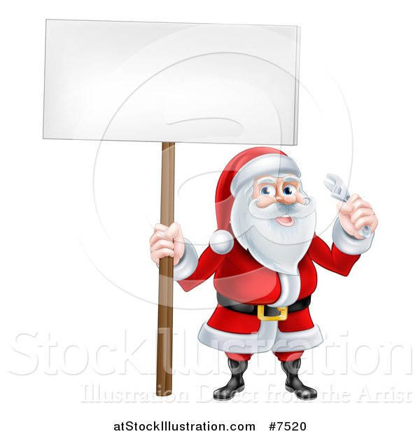 Vector Illustration of a Happy Christmas Santa Holding a Spanner Wrench and Blank Sign 4