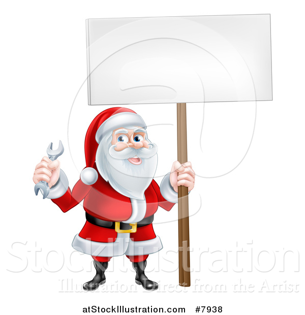 Vector Illustration of a Happy Christmas Santa Holding a Spanner Wrench and Blank Sign