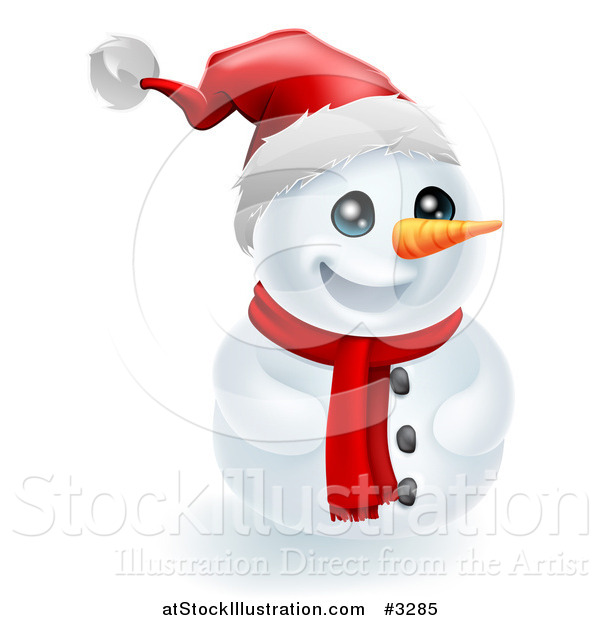 Vector Illustration of a Happy Christmas Snowman in a Santa Hat