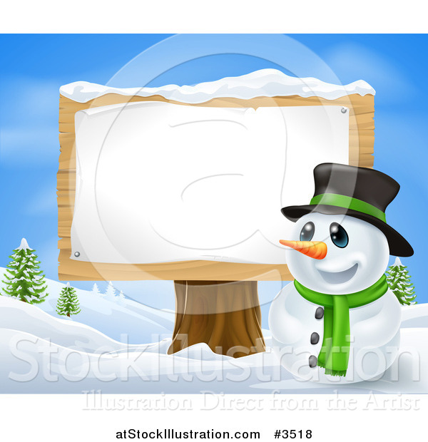 Vector Illustration of a Happy Christmas Snowman in a Top Hat by a Wood Sign Post
