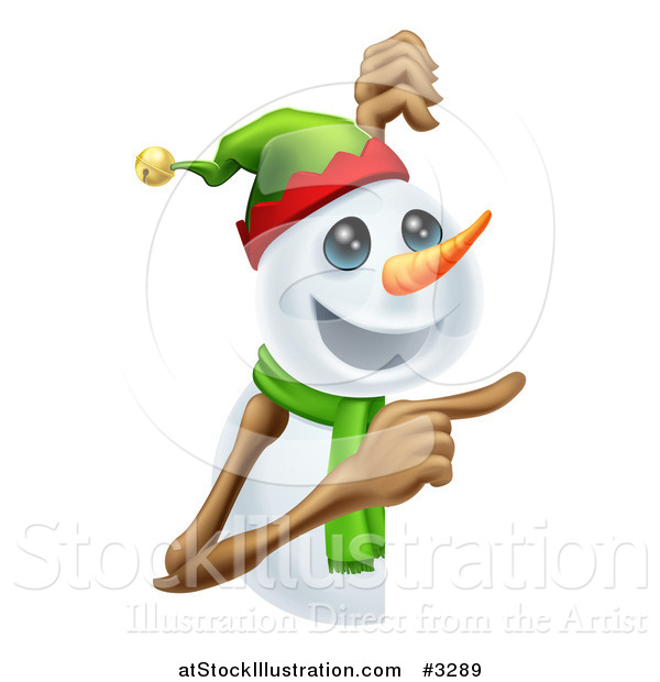 Vector Illustration of a Happy Christmas Snowman Pointing at a Sign