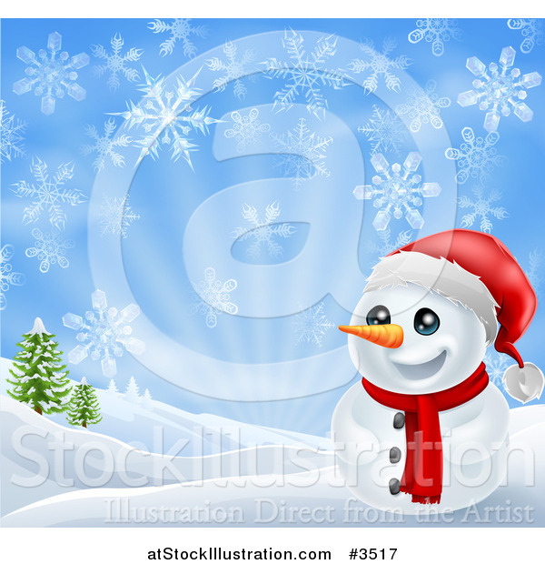 Vector Illustration of a Happy Christmas Snowman Smiling with Hills and Snowflakes