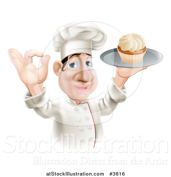 Vector Illustration of a Happy Chubby Chef Gesturing Okay and Holding a Cupcake on a Tray