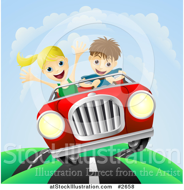 Vector Illustration of a Happy Couple Driving Fast on a Hilly Road