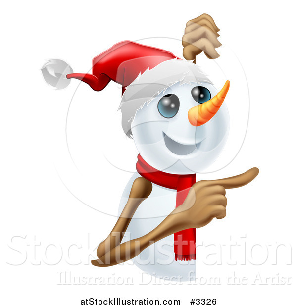 Vector Illustration of a Happy Cute Snowman Pointing to a Sign