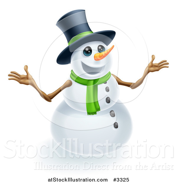 Vector Illustration of a Happy Cute Snowman Wearing a Top Hat and Scarf