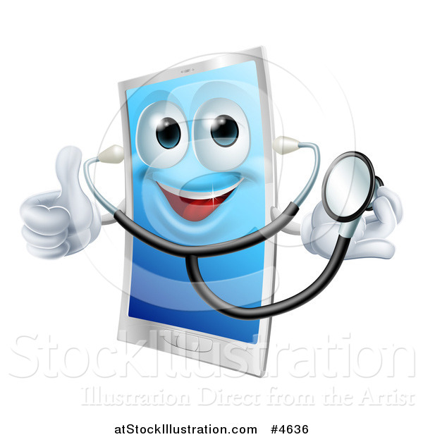 Vector Illustration of a Happy Doctor Smart Phone Wearing a Stethoscope and Holding a Thumb up