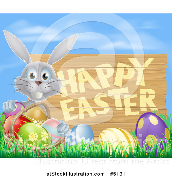 Vector Illustration of a Happy Easter Sign with a Gray Rabbit and Eggs Against Blue Sky