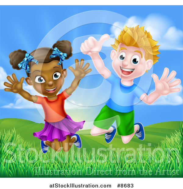 Vector Illustration of a Happy Energetic White Boy and Black Girl Jumping Outside on a Sunny Day