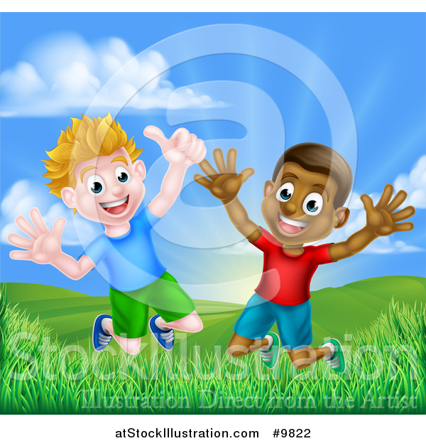 Vector Illustration of a Happy Excited White and Black Boys Jumping Outdoors