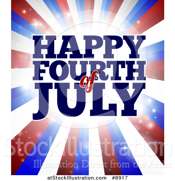 Vector Illustration of a Happy Fourth of July Greeting over Red White and Blue Bursting Stripes