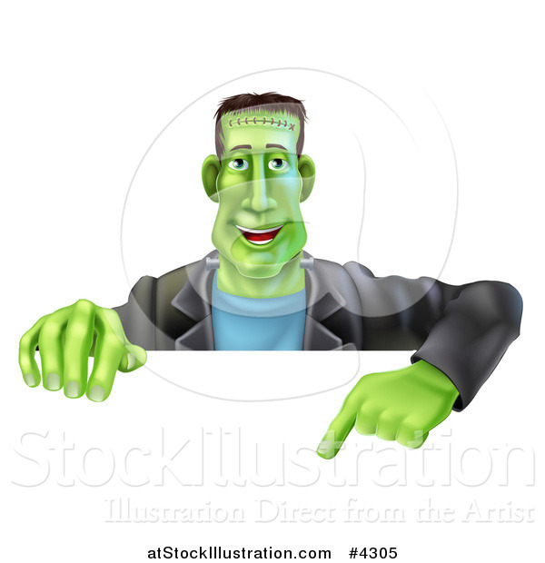Vector Illustration of a Happy Frankenstein Pointing down to a Sign