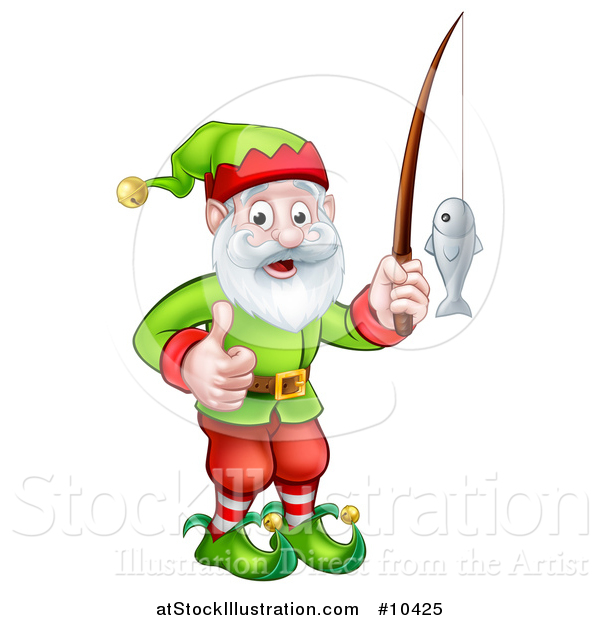 Vector Illustration of a Happy Garden Gnome or Christmas Elf Giving a Thumb up and Fishing