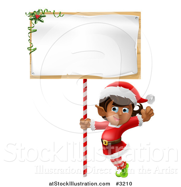 Vector Illustration of a Happy Girl Christmas Elf Waving Under a Christmas Sign