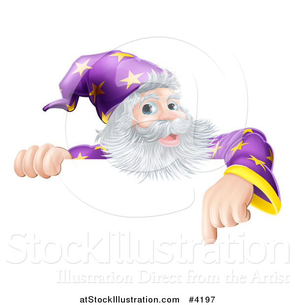 Vector Illustration of a Happy Gray Bearded Wizard Pointing down at a Sign