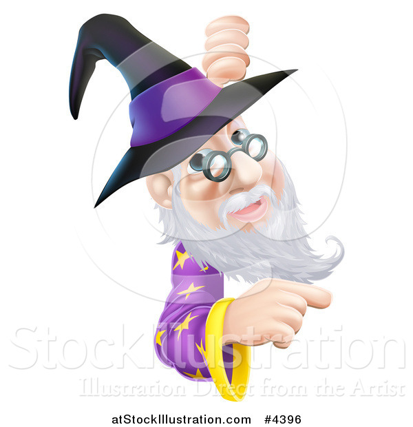 Vector Illustration of a Happy Gray Bearded Wizard Wearing Glasses and a Witch Style Hat, Pointing and Looking Around a Sign