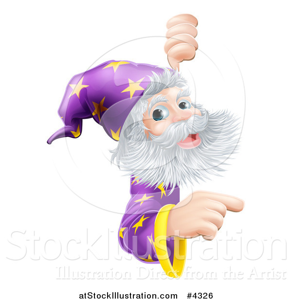 Vector Illustration of a Happy Gray Bearded Wizard with Pointing and Looking Around a Sign
