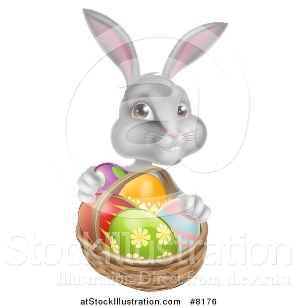 Vector Illustration of a Happy Gray Bunny with Easter Eggs and a Basket