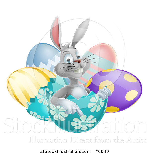 Vector Illustration of a Happy Gray Easter Bunny Sitting and Pointing from an Egg Shell