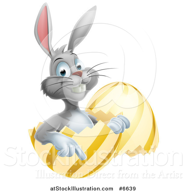 Vector Illustration of a Happy Gray Easter Bunny Sitting and Pointing in a Gold and Yellow Egg Shell