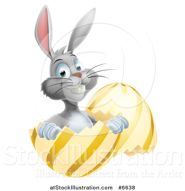 Vector Illustration of a Happy Gray Easter Bunny Sitting in a Gold and Yellow Egg Shell