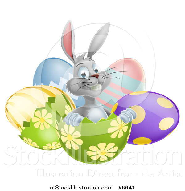 Vector Illustration of a Happy Gray Easter Bunny Sitting in an Egg Shell