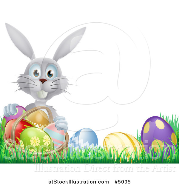 Vector Illustration of a Happy Gray Easter Bunny with a Basket and Eggs in Grass